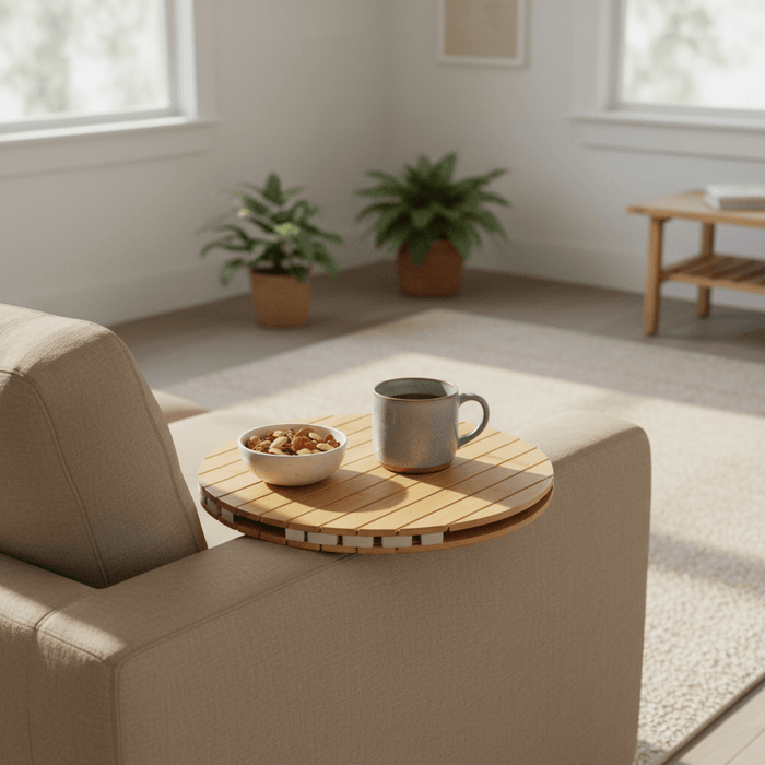 Bamboo sofa armrest tray on beige linen sofa with ceramic mug and snacks