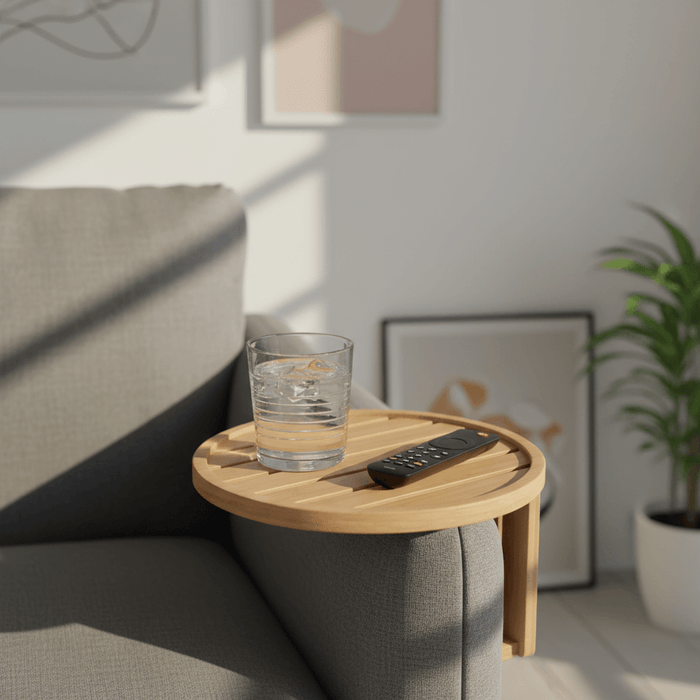 Sofa armrest tray with a glass of water and remote on a grey couch, promoting convenient living room organization.