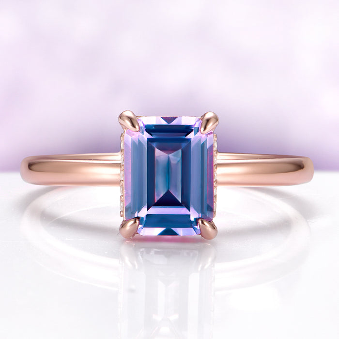Solitaire Alexandrite Hidden Halo Engagement Ring in 14K Rose Gold Vermeil by Aquamarise, featuring a rectangular emerald-cut alexandrite gemstone with subtle hidden halo detailing.