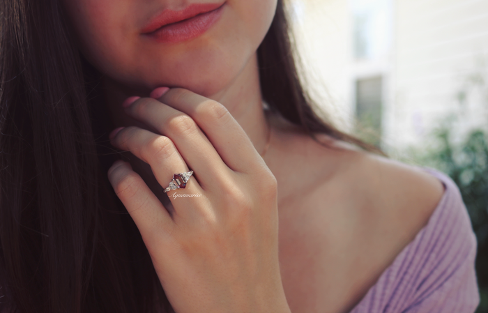 Sonnet Hexagon Cut Alexandrite Engagement Ring in 14K White Gold by Aquamarise Gold, showcased on hand with natural light, highlighting its modern geometric elegance.