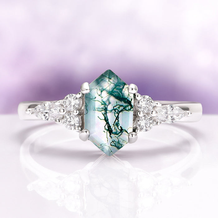 Sonnet Hexagon Green Moss Agate Ring in Sterling Silver featuring a hexagon-cut moss agate with delicate vein patterns and sparkling accent stones in a vintage-inspired design by Aquamarise.