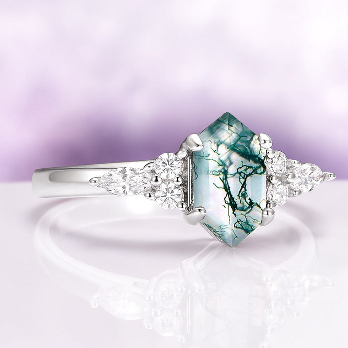 Sonnet Hexagon Green Moss Agate Ring in Sterling Silver by Aquamarise with a hexagon moss agate centerpiece and sparkling diamond accents on a polished silver band.