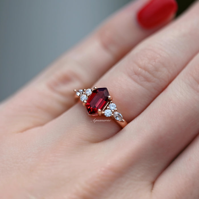 Sonnet Hexagon Ruby Ring- 14K Rose Gold Vermeil by Aquamarise featuring a hexagon ruby center with white diamond accents on a delicate rose gold vermeil band.