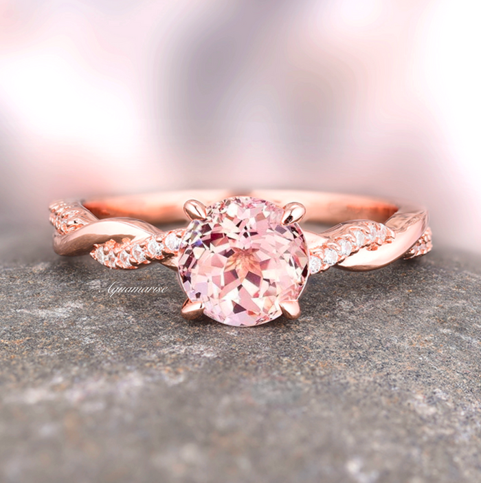 Sophia Twisted Vine Morganite Ring- 14K Solid Rose Gold by Aquamarise Gold featuring a round morganite center with twisted vine band and sparkling diamond accents in a nature-inspired design.