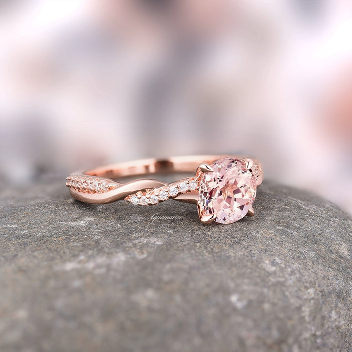 Sophia Twisted Vine Morganite Ring- 14K Solid Rose Gold by Aquamarise Gold featuring a sparkling morganite center with twisted vine band and diamond accents in a nature-inspired style.