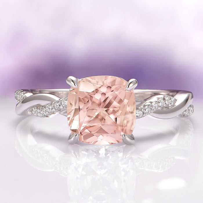 Sophia Twisted Vine Morganite Engagement Ring in 14K White Gold by Aquamarise Gold featuring a cushion-cut morganite center with diamond-accented twisted band design.