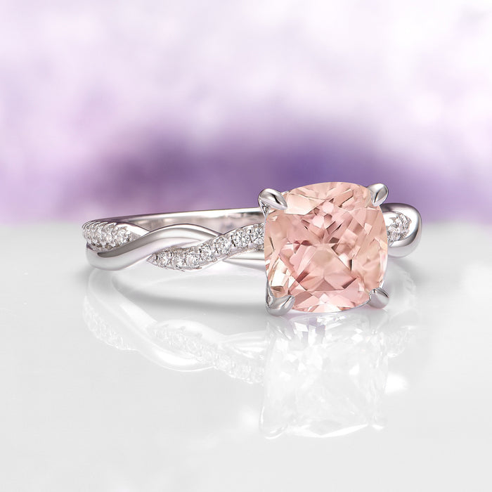 Sophia Twisted Vine Morganite Engagement Ring in 14K White Gold by Aquamarise Gold featuring a cushion-cut morganite center with a twisted diamond-accented band design.