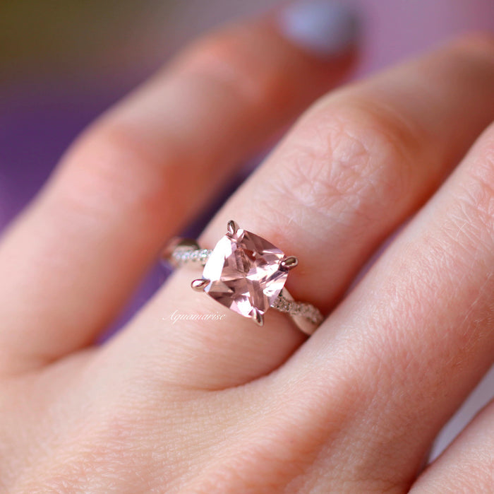 Sophia Twisted Vine Morganite Engagement Ring in 14K White Gold by Aquamarise Gold featuring a cushion-cut morganite center with a delicate diamond-accented twisted band design.