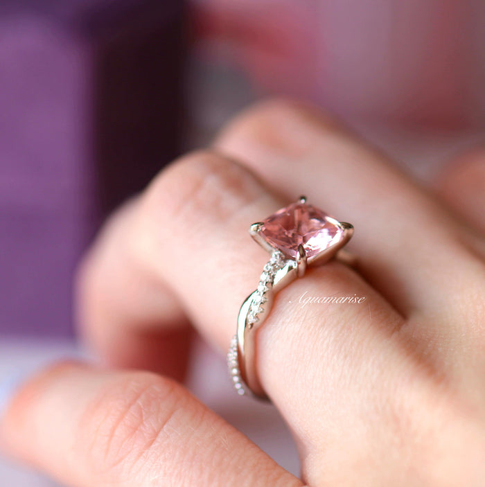 Sophia Twisted Vine Morganite Engagement Ring in 14K White Gold by Aquamarise Gold featuring a cushion-cut pink morganite with a delicate diamond-accented twisted band design.
