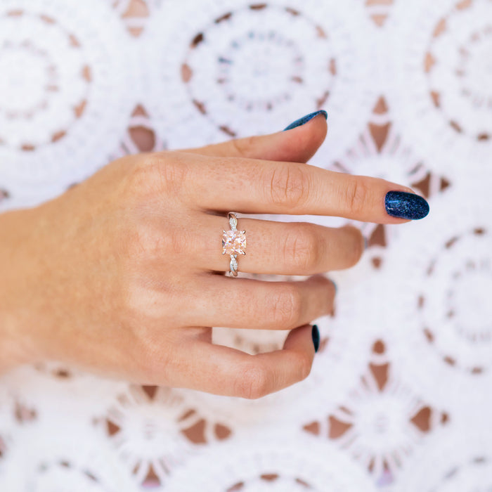 Sophia Twisted Vine Morganite Engagement Ring in 14K White Gold by Aquamarise Gold featuring a cushion-cut morganite with vine-inspired twisted white gold band detail.