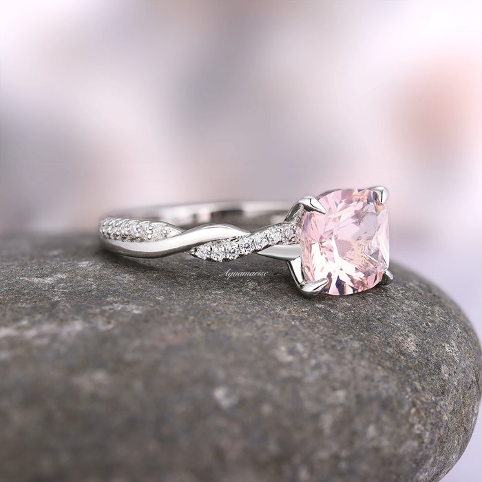 Sophia Twisted Vine Morganite Engagement Ring in 14K White Gold featuring a cushion-cut pink morganite and twisted band accented with sparkling diamonds by Aquamarise Gold.