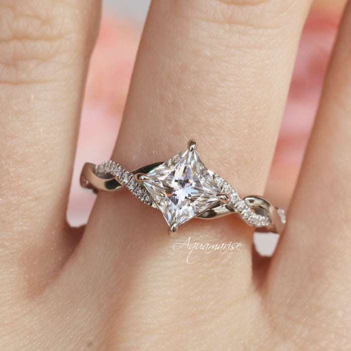 Sophia Princess Cut White Sapphire Ring in Sterling Silver by Aquamarise, featuring a 7mm princess-cut white sapphire with a sparkling twisted vine band, perfect for birthstone and engagement rings.