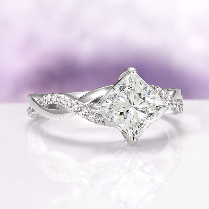 Sophia Lab-Grown Diamond Engagement Ring in 14K White Gold (IGI Certified) by Aquamarise Gold, featuring a princess-cut diamond with pavé accents on an elegant twisted band.
