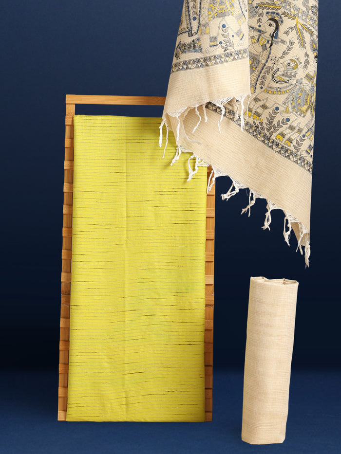 Splendid Katan Silk Yellow Madhubani Suit (T+B+D)