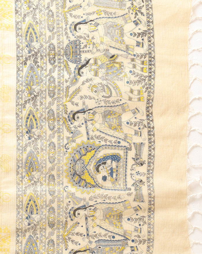 Splendid Katan Silk Yellow Madhubani Suit (T+B+D)