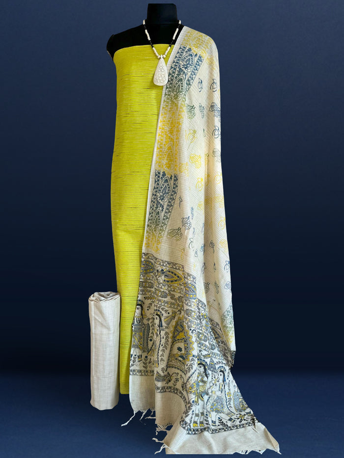 Splendid Katan Silk Yellow Madhubani Suit (T+B+D)