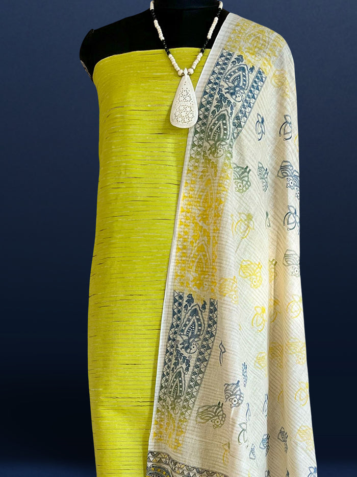Splendid Katan Silk Yellow Madhubani Suit (T+B+D)