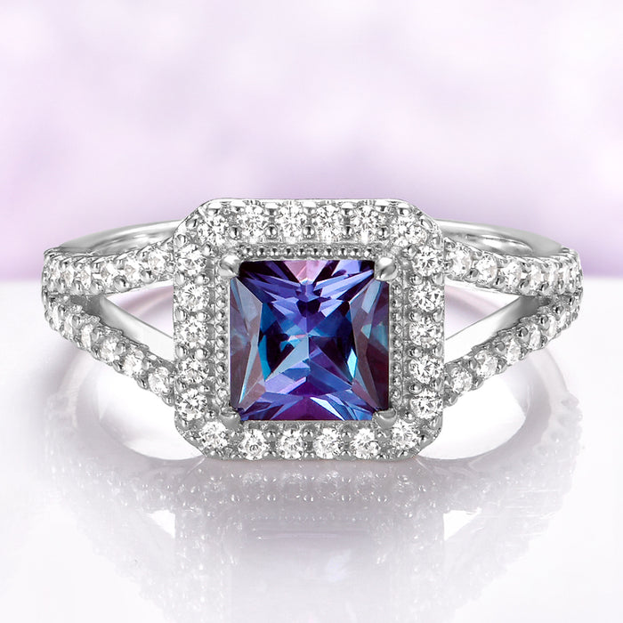 Split Shank Halo Alexandrite Engagement Ring in Sterling Silver by Aquamarise, featuring a princess-cut alexandrite center with a halo and split shank band adorned with sparkling stones.