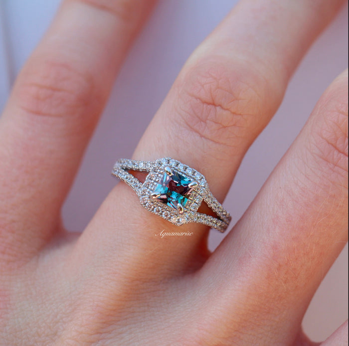 Split Shank Halo Alexandrite Engagement Ring in Sterling Silver by Aquamarise, featuring a princess-cut alexandrite center stone with sparkling pavé diamonds on a split shank band.