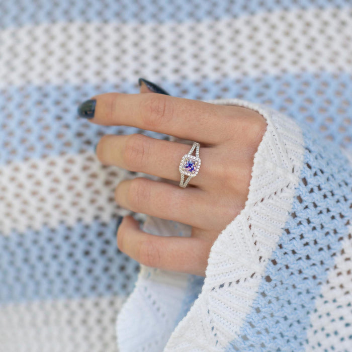 Split Shank Halo Alexandrite Engagement Ring in Sterling Silver by Aquamarise, featuring a princess-cut alexandrite surrounded by pavé diamonds on a split shank band.