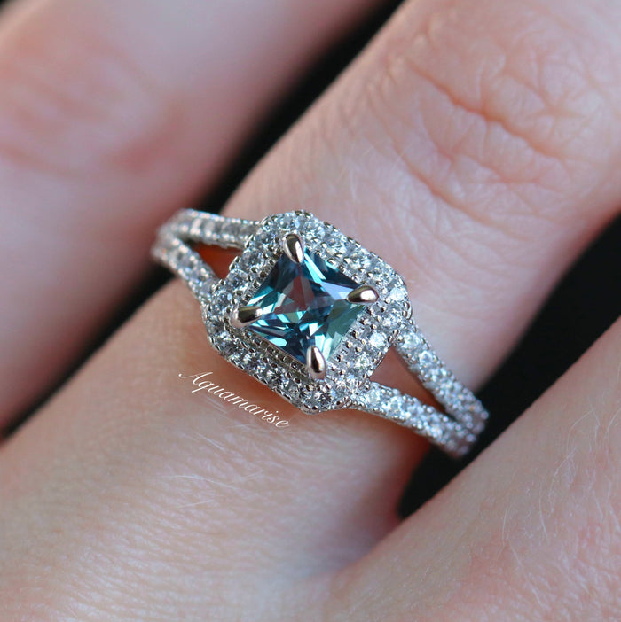 Split Shank Halo Alexandrite Engagement Ring in Sterling Silver by Aquamarise, featuring a princess-cut alexandrite center with a diamond halo and split shank band.