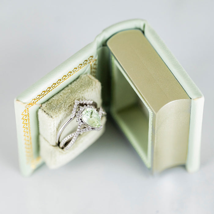 Spring Court Handmade Leather Book Ring Box- Bloomlight Green Edition (Small) by Aquamarise, soft green leather with a sparkling silver ring inside, part of Ring Boxes & Keepsake Proposals collection.
