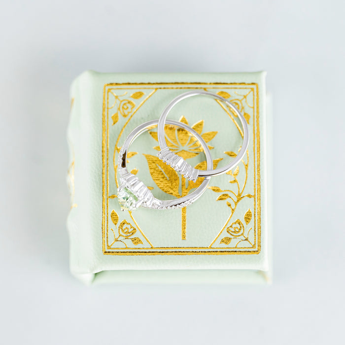 Spring Court Handmade Leather Book Ring Box- Bloomlight Green Edition (Small) by Aquamarise with elegant silver rings, part of Ring Boxes & Keepsake Proposals and Handmade Book Ring Boxes collections.
