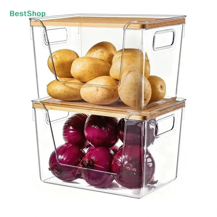 stackable pantry organizer bins with potatoes and onions in clear PET with bamboo lids