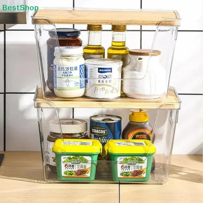 Stackable pantry organizer bins displaying sauces and condiments with bamboo lids on a tidy kitchen countertop.