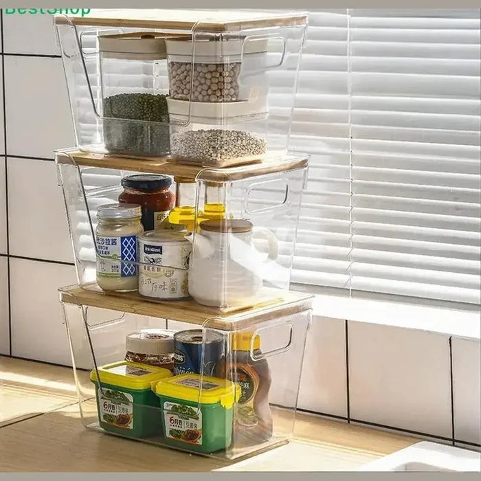 Stackable pantry organizer bins for tidy kitchen storage, featuring clear containers and natural bamboo lids.