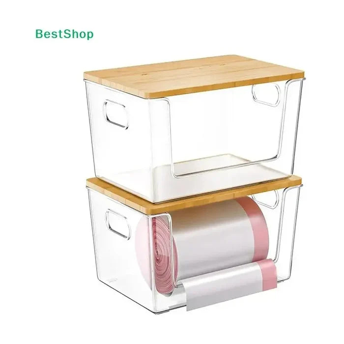 Stackable Pantry Organizer Bins Clear PET Bamboo Lid – image 6