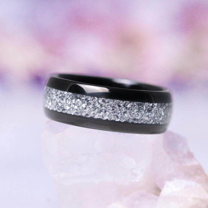 Starlux Simulated Crushed Diamond Couples Ring Set by Aquamarise featuring a polished black tungsten carbide band with a sparkling crushed silver stone inlay, ideal for Matching Couples' Rings, April Birthstone Jewelry, and Meaningful Jewelry Gifts collections.
