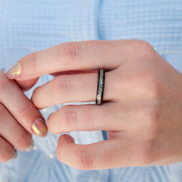 Starlux Simulated Crushed Diamond Couples Ring Set by Aquamarise featuring a sleek black tungsten carbide band with embedded silver stones, part of Matching Couples' Rings, April Birthstone Jewelry, and Meaningful Jewelry Gifts collections.