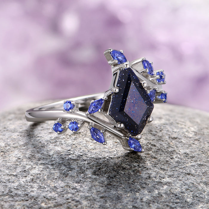 Starry Night and Fire Opal Leaf Couples Ring Set by Aquamarise, featuring a rhombus-shaped galaxy sandstone centerpiece with surrounding marquise and round blue gemstones on a delicate silver band, from Matching Couples' Rings and Starry Night™ Rings collections.