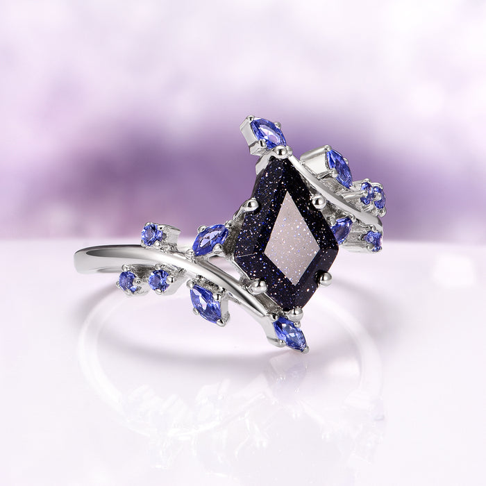 Starry Night and Fire Opal Leaf Couples Ring Set by Aquamarise, showcasing a silver band with a marquise-shaped galaxy sandstone centerpiece surrounded by sparkling blue gemstones arranged like delicate leaves, from Matching Couples' Rings and Starry Night™ Rings collections.