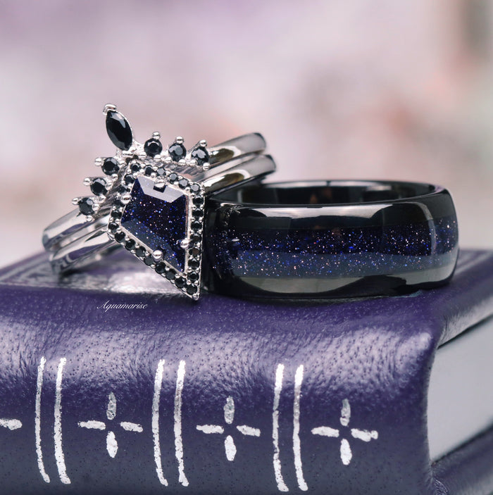 Starry Night Couples Ring Set by Aquamarise featuring celestial-inspired blue sandstone and polished silver bands, symbolizing eternal love and cosmic connection for matching couples rings.