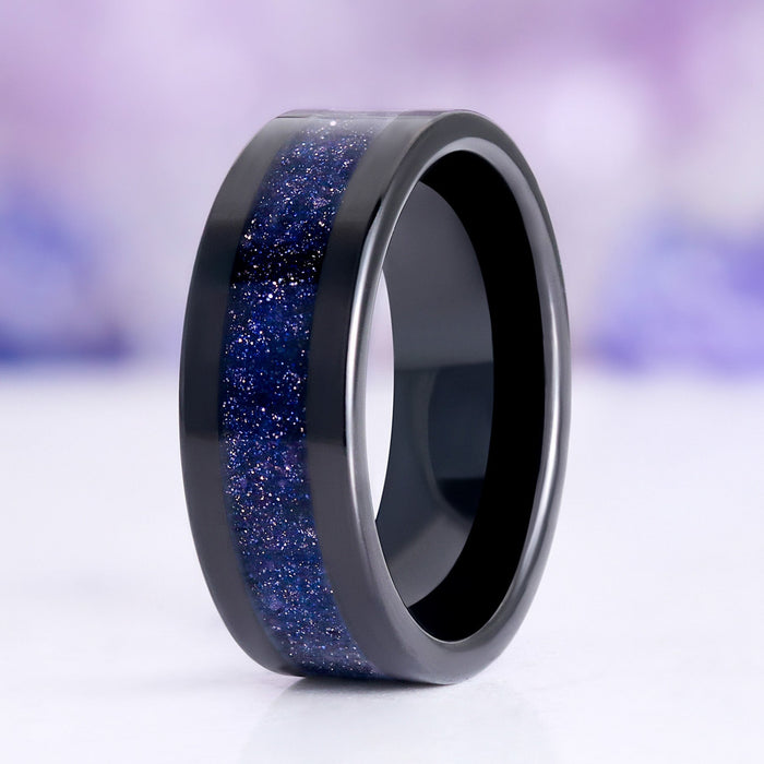 Starry Night Goldstone Inlay Mens Tungsten Ring (8mm) by Aquamarise, black polished tungsten band with deep blue goldstone inlay flecked with copper and silver sparks, celestial men's wedding band.