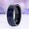 Starry Night Goldstone Inlay Mens Tungsten Ring (8mm) by Aquamarise, black polished tungsten band with deep blue goldstone inlay flecked with copper and silver sparks, celestial men's wedding band.