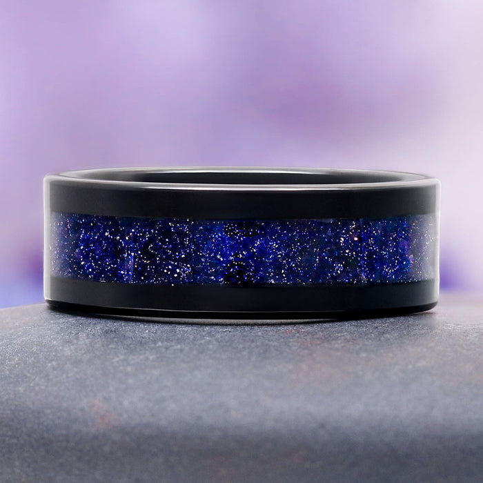 Starry Night Goldstone Inlay Mens Tungsten Ring (8mm) by Aquamarise, polished black tungsten band with deep blue goldstone inlay shimmering with copper and silver sparks.