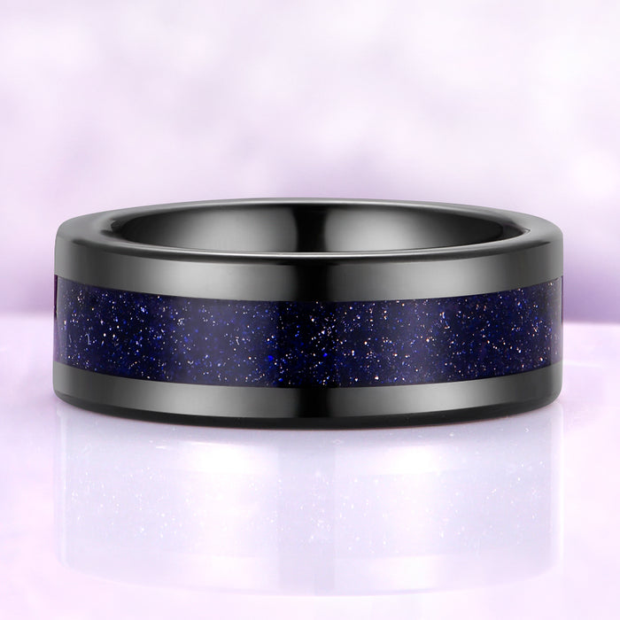 Starry Night Goldstone Inlay Mens Tungsten Ring (8mm) by Aquamarise, polished black tungsten band with deep blue goldstone inlay sparkling like a starry night sky.