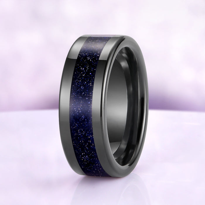 Starry Night Goldstone Inlay Mens Tungsten Ring (8mm) by Aquamarise, featuring a polished black band with deep blue inlay flecked with copper and silver sparkles, celestial men's wedding band.