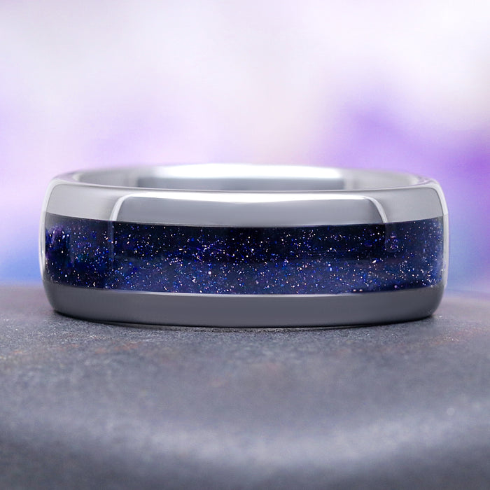 Elara Starry Night and Crescent Moon Couples Ring Set featuring a polished silver band with a deep blue sandstone inlay that sparkles like a night sky, part of Aquamarise's Matching Couples' Rings and Starry Night™ Rings collections.