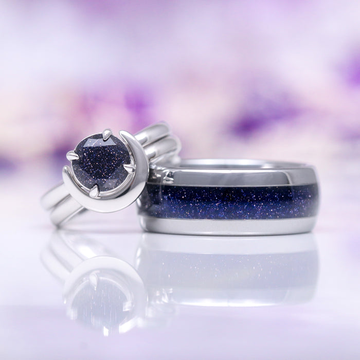 Starry Night™ Wedding Band in Tungsten (8mm) by Aquamarise featuring a polished tungsten band with a deep blue crushed sandstone inlay that sparkles like a starry night, from collections including Men's Wedding Bands, Starry Night™ Rings, and Birthstone Jewelry.