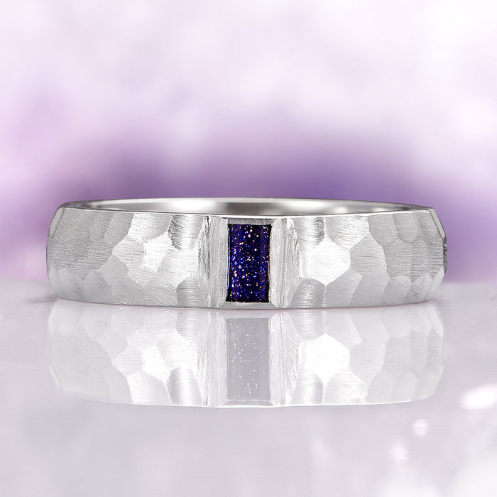 Starry Night Hammered Wedding Band in 14K White Gold (5.5mm), featuring a hammered texture with a deep blue accent, crafted by Aquamarise Gold for elegant, unisex wedding jewelry.