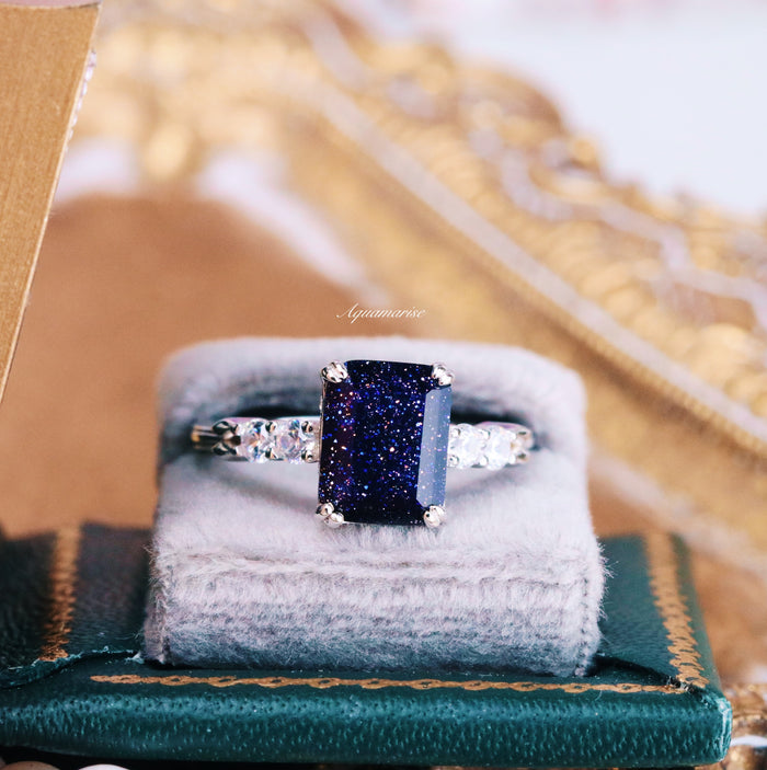 Starry Night Couples Ring Set- Night Court Inspired featuring a rectangular blue sandstone center stone with sparkling white accents on a silver band by Aquamarise.