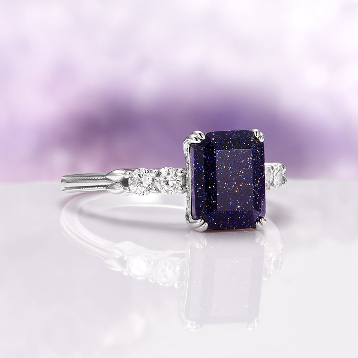 Starry Night Couples Ring Set- Night Court Inspired featuring a rectangular deep blue sandstone center with sparkling accents on a silver band by Aquamarise, from Matching Couples' Rings.