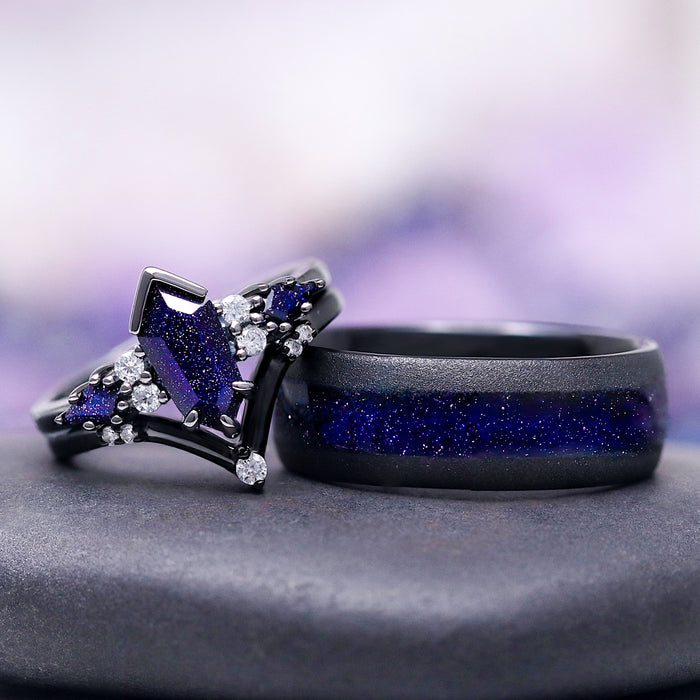 Starry Night™ Couples Ring Set by Aquamarise, featuring black-finished bands with sparkling galaxy sandstone and clear accent stones, from Matching Couples' Rings and Night Court Jewelry collections.