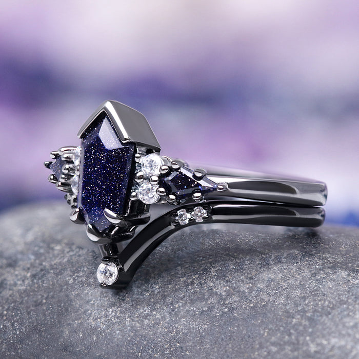 Kite Galaxy Sandstone (Starry Night) Ring Set- Black Ruthenium by Aquamarise, featuring a celestial black ruthenium band with shimmering galaxy sandstones and sparkling accent stones.