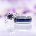 Crescent Moon Starry Night Engagement Ring Set- 14K White Gold by Aquamarise Gold, featuring a mystical deep blue sparkling gemstone with a crescent moon design and a matching band with celestial-inspired inlay, part of Starry Night™ Rings and Solid Gold Engagement Rings collections.