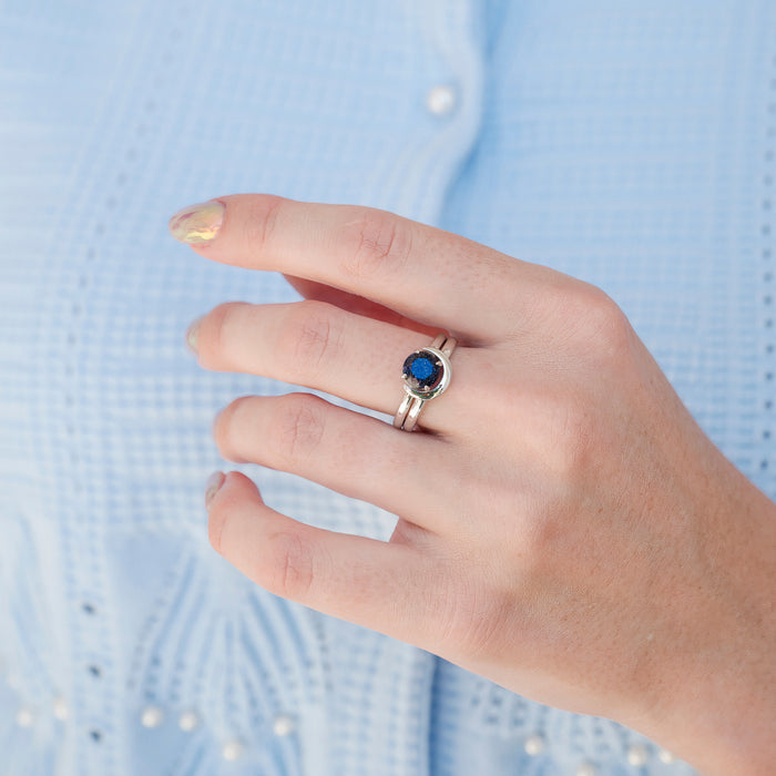 Crescent Moon Starry Night Engagement Ring Set- 14K White Gold featuring a deep blue sparkling gemstone in a celestial-inspired setting by Aquamarise Gold, part of Solid Gold Engagement Rings and Starry Night™ Rings collections.